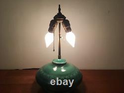 Antique / Vintage Green Art Pottery Squat 2 Light Table Lamp Arts & Craft