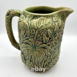 Antique WELLER Pottery Green Matte Marvo Pitcher 8 Palm Fronds 1920's