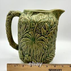 Antique WELLER Pottery Green Matte Marvo Pitcher 8 Palm Fronds 1920's