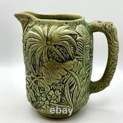 Antique WELLER Pottery Green Matte Marvo Pitcher 8 Palm Fronds 1920's