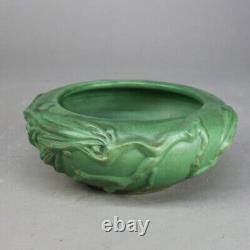 Antique Weller Art & Crafts Floral Embossed Matt Green Pottery Bowl C1910