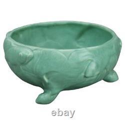 Antique Weller Arts & Crafts Fish Embossed Footed Green Pottery Bowl c1910