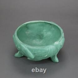 Antique Weller Arts & Crafts Fish Embossed Footed Green Pottery Bowl c1910