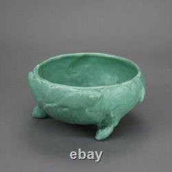 Antique Weller Arts & Crafts Fish Embossed Footed Green Pottery Bowl c1910