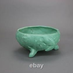 Antique Weller Arts & Crafts Fish Embossed Footed Green Pottery Bowl c1910