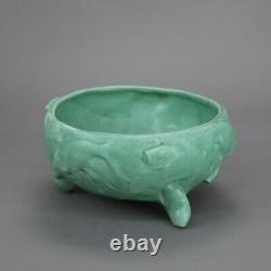 Antique Weller Arts & Crafts Fish Embossed Footed Green Pottery Bowl c1910