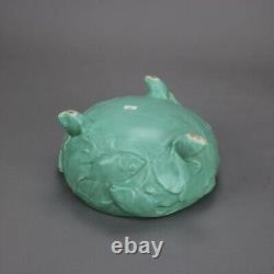 Antique Weller Arts & Crafts Fish Embossed Footed Green Pottery Bowl c1910