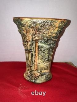 Antique Weller Forest Footed Pillow Vase Arts Crafts Pottery 8in