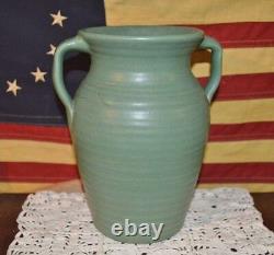 Antique Zanesville Stoneware Co Ringed Green 2 Handle Vase #523 Arts & Crafts