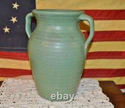 Antique Zanesville Stoneware Co Ringed Green 2 Handle Vase #523 Arts & Crafts