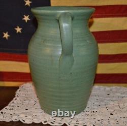 Antique Zanesville Stoneware Co Ringed Green 2 Handle Vase #523 Arts & Crafts