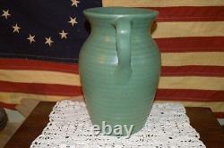 Antique Zanesville Stoneware Co Ringed Green 2 Handle Vase #523 Arts & Crafts