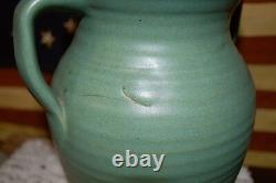 Antique Zanesville Stoneware Co Ringed Green 2 Handle Vase #523 Arts & Crafts