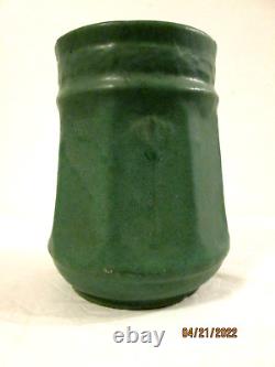 Antique Zanesville matte green Arts & Crafts pottery octagonal vase vintage 1915