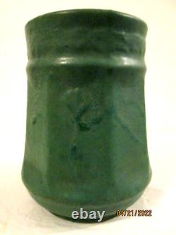 Antique Zanesville matte green Arts & Crafts pottery octagonal vase vintage 1915