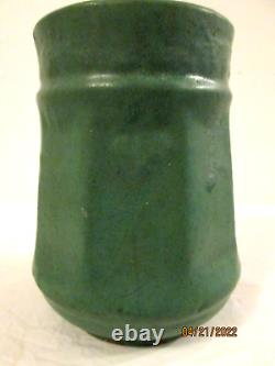 Antique Zanesville matte green Arts & Crafts pottery octagonal vase vintage 1915