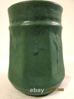 Antique Zanesville matte green Arts & Crafts pottery octagonal vase vintage 1915