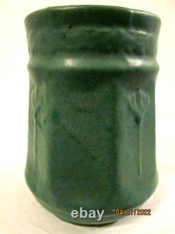 Antique Zanesville matte green Arts & Crafts pottery octagonal vase vintage 1915