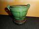 Antique Signed Arts And Crafts Small Green Pottery Vase On Stand