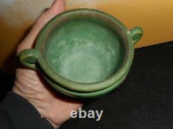 Antique signed Arts and Crafts small green pottery vase on stand