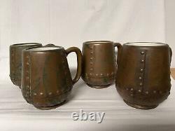 Art Pottery Vintage CLEWELL 4 Mugs Canton Ohio Arts & Crafts Copper Clad Rivets