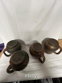 Art Pottery Vintage CLEWELL 4 Mugs Canton Ohio Arts & Crafts Copper Clad Rivets