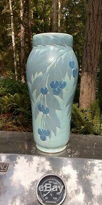 Arts & Crafts 1913 Josef Ekberg Gustavsberg Pottery Vase 12 Tall Blue Cherries
