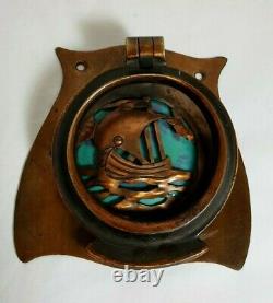 Arts & Crafts Copper & Ruskin Pottery Handle / Door Knocker Ship B. L & S Signed