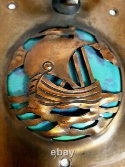 Arts & Crafts Copper & Ruskin Pottery Handle / Door Knocker Ship B. L & S Signed