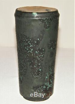 Arts & Crafts HEAVY Matte BLACK & Turquoise GREEN LAVA GLAZE VASE Cylinder EX