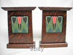 Arts & Crafts MOTAWI TILEWORKS Lotus Pottery Tile Oak Wood Bookend Mission Set