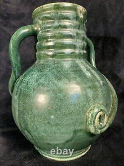 Arts & Crafts Matte Green Glazed Pottery Utilitarian Jug 11H