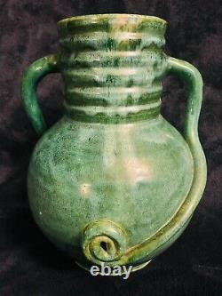 Arts & Crafts Matte Green Glazed Pottery Utilitarian Jug 11H