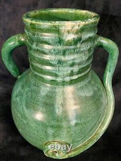 Arts & Crafts Matte Green Glazed Pottery Utilitarian Jug 11H