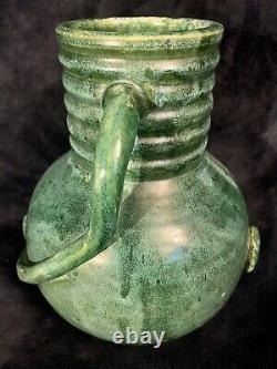 Arts & Crafts Matte Green Glazed Pottery Utilitarian Jug 11H