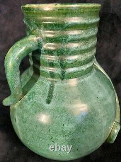 Arts & Crafts Matte Green Glazed Pottery Utilitarian Jug 11H