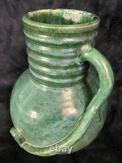 Arts & Crafts Matte Green Glazed Pottery Utilitarian Jug 11H