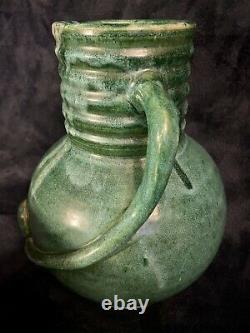 Arts & Crafts Matte Green Glazed Pottery Utilitarian Jug 11H