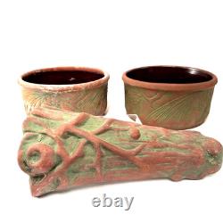 Arts & Crafts Pottery Planter Set Log Pinecone Motif Rustic Cabin Woodland Décor