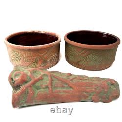 Arts & Crafts Pottery Planter Set Log Pinecone Motif Rustic Cabin Woodland Décor