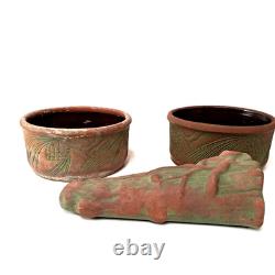 Arts & Crafts Pottery Planter Set Log Pinecone Motif Rustic Cabin Woodland Décor