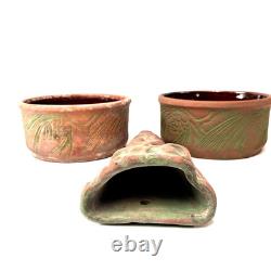 Arts & Crafts Pottery Planter Set Log Pinecone Motif Rustic Cabin Woodland Décor