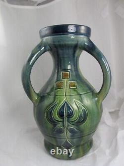 Arts & Crafts Pottery Vase Belgium Flemish Flambe 3 Handled