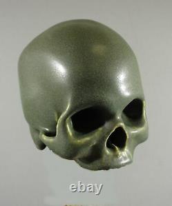 Arts & Crafts Style Matte Green Life Size Pottery Detailed Human Skull