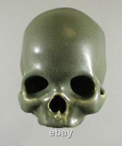 Arts & Crafts Style Matte Green Life Size Pottery Detailed Human Skull