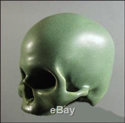 Arts & Crafts Style Matte Green Life Size Pottery Detailed Human Skull