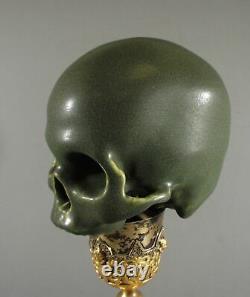 Arts & Crafts Style Matte Green Life Size Pottery Detailed Human Skull