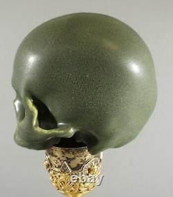 Arts & Crafts Style Matte Green Life Size Pottery Detailed Human Skull