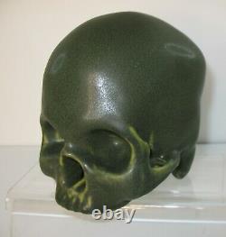 Arts & Crafts Style Matte Green Mottled Drip Art Pottery Life Size Human Skull