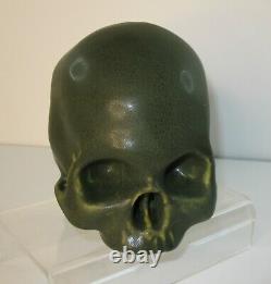 Arts & Crafts Style Matte Green Mottled Drip Art Pottery Life Size Human Skull